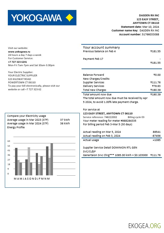 Modèle de facture de services publics d'entreprise Kazakhstan Yokogawa Electric Kazakhstan aux formats Word et PDF